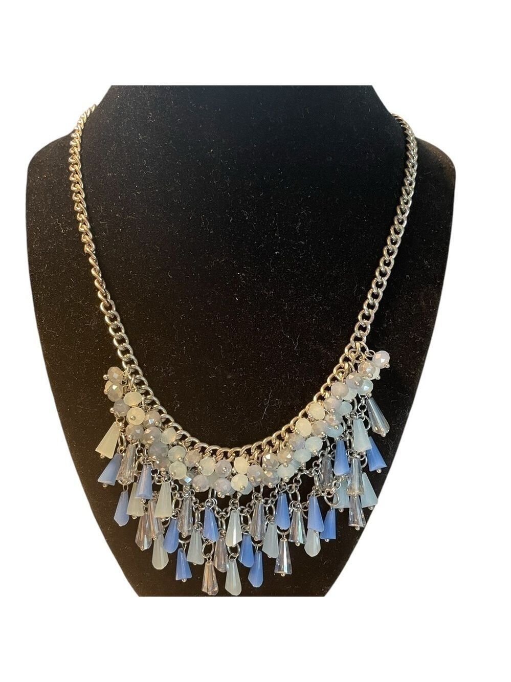 Statement Necklace, Silver-Tone with Blue Beads, 24”, Lobster Clasp